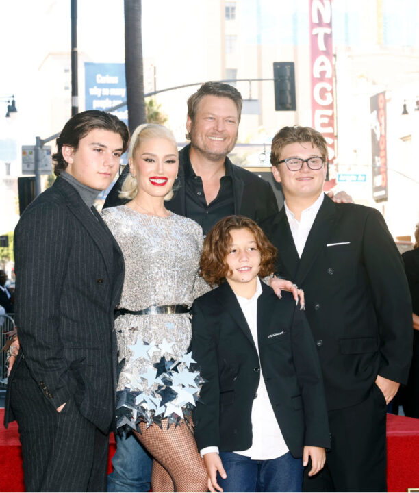 HOLLYWOOD, CALIFORNIA - OCTOBER 19: (L-R) Kingston Rossdale, Gwen Stefani, Apollo Rossdale, Blake Shelton and Zuma Rossdale attend the Hollywood Walk of Fame Star Ceremony Honoring Gwen Stefani on October 19, 2023 in Hollywood, California