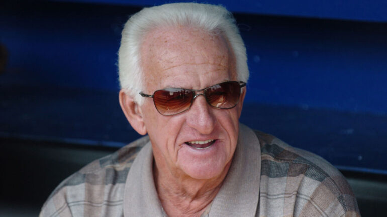 Sportscaster Bob Uecker with the Milwaukee Brewers before play against the New York Mets April 15, 2006 at Shea Stadium. The Brewers defeated the Mets 8 - 2