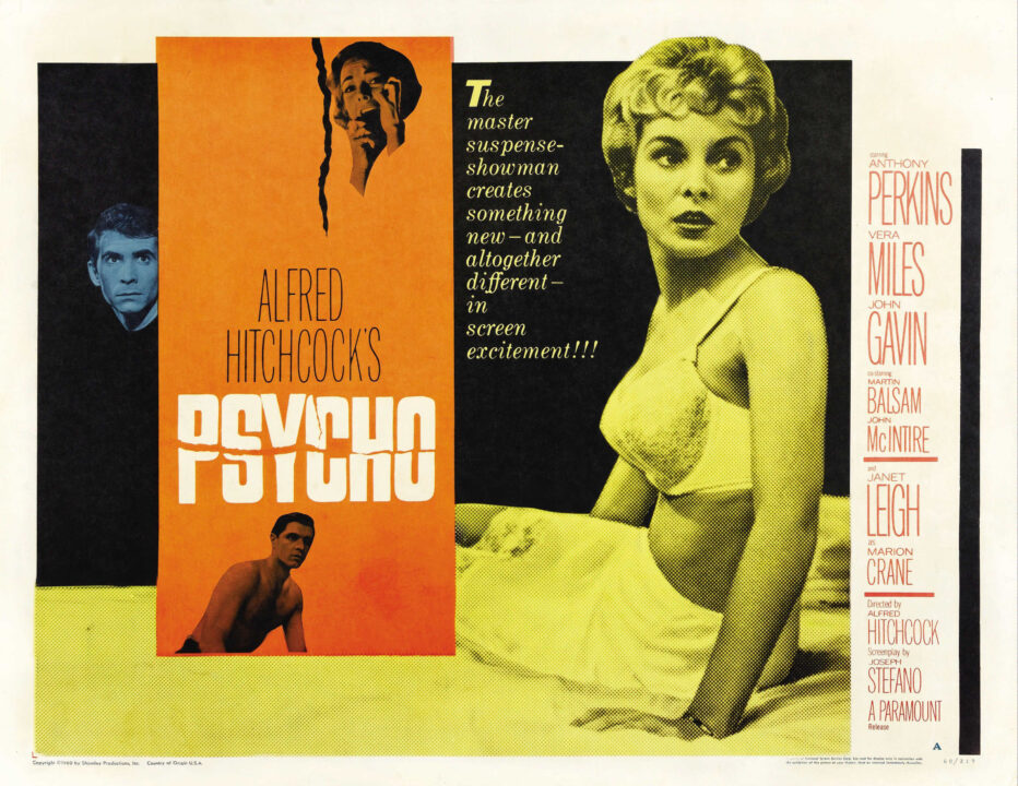 PSYCHO, left: Anthony Perkins, top center: Vera Miles, bottom center: John Gavin, right: Janet Leigh, 1960