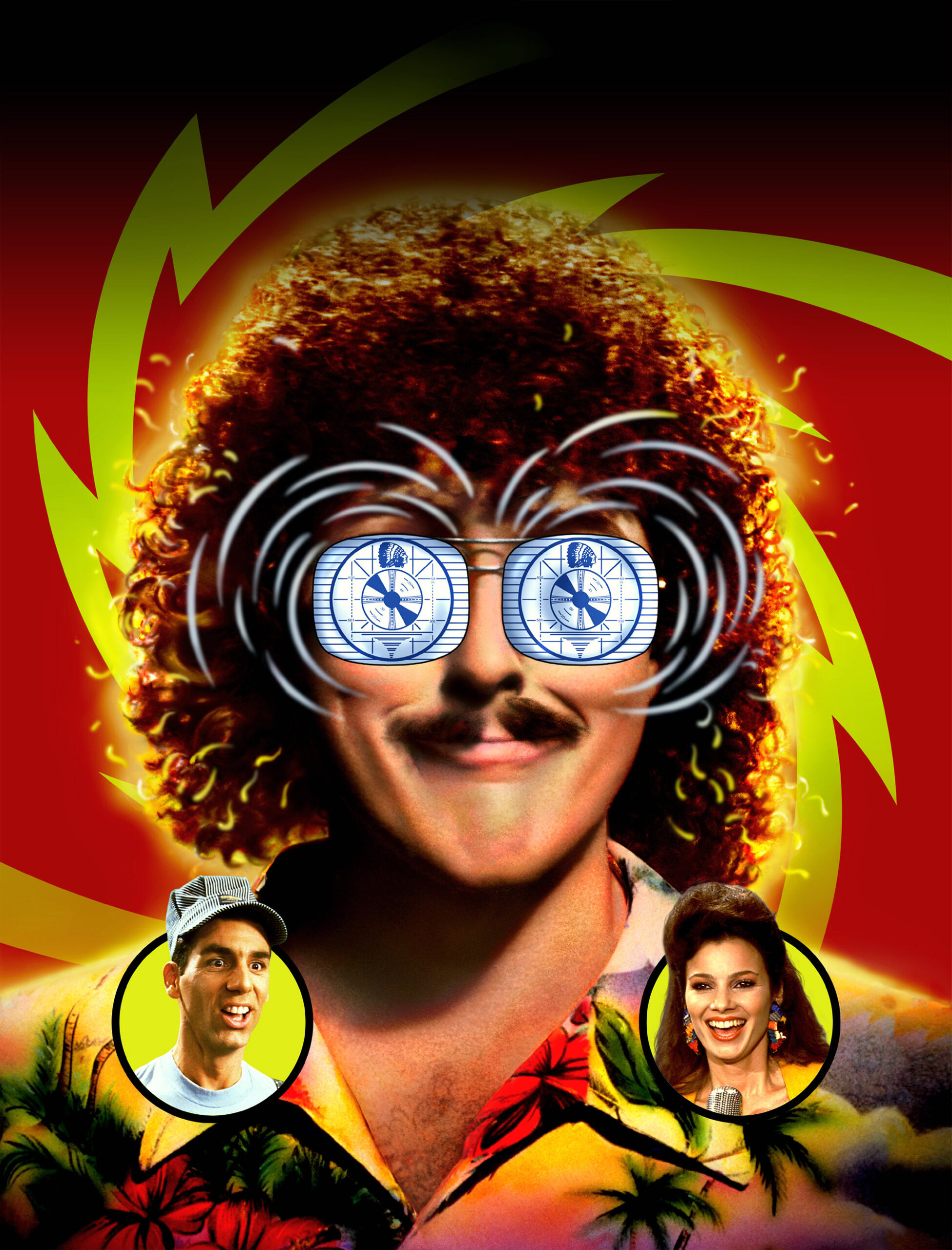 movie poster for the 1989 film "UHF." The illustration is largely taken up by "Weird Al" Yankovic's character, who is smiling and has TV screens in place of his eyes. In the bottom left is an illustration of Michael Richards' character, and on the bottom right, an Illustration of Fran Drescher's character.