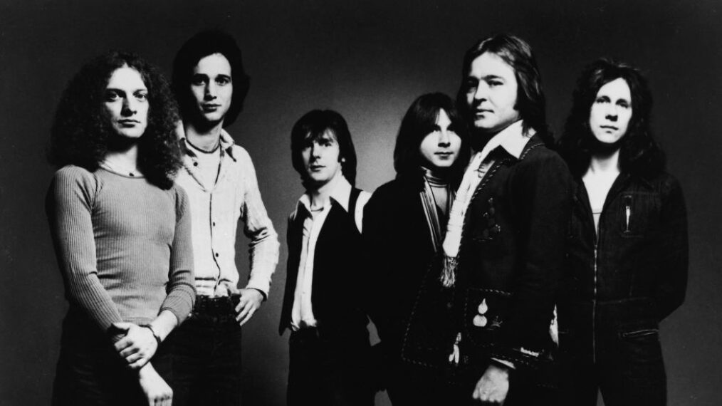 Promotional studio portrait of American rock group Foreigner, 1977. (L-R): Lou Gramm, Ian McDonald, Al Greenwood, Mick Jones, Dennis Ellio