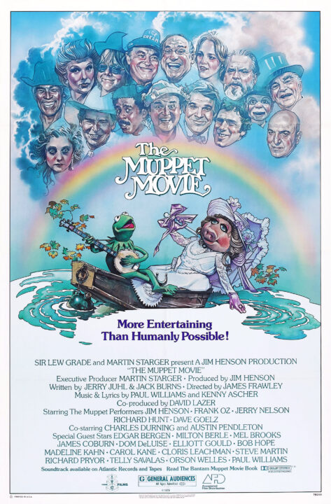 The Muppet Movie US poster art, top row from left: James Coburn, Cloris Leachman, Paul Williams, Bob Hope, Mel Brooks, Madeline Kahn, Orson Welles, Charlie McCarthy, Edgar Bergen, bottom row from left: Carole Kane, Milton Berle, Richard Pryor, Dom DeLuise, Steve Martin, Elliot Gould, bottom left to right: Kermit the Frog, Miss Piggy, 1979