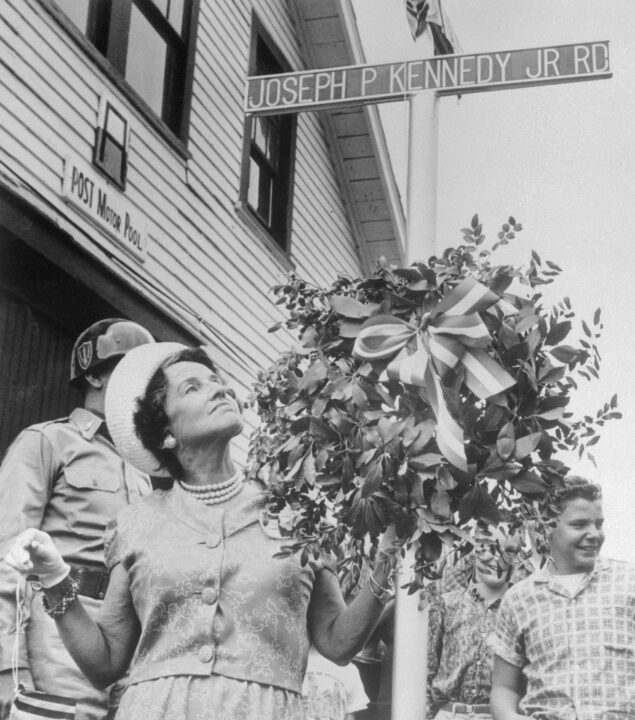 (Original Caption) Mrs. Rose Kennedy, mother of the President, takes part in Memorial Day dedicatory exercises at Fort Banks, Winthrop here. Mrs. Kennedy views the street named after her oldest son, Joseph P. Kennedy, Jr., a Naval Aviator killed in Europe during World War II.