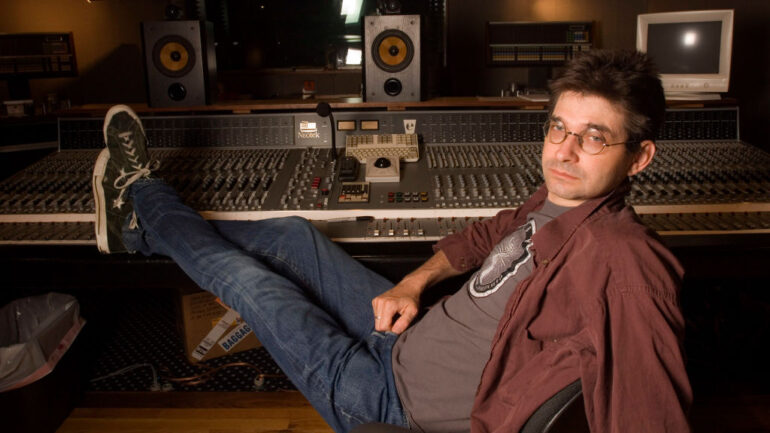 American musician and producer Steve Albini in the 'A' control room of his studio, Electrical Audio, Chicago, Illinois, June 24, 2005