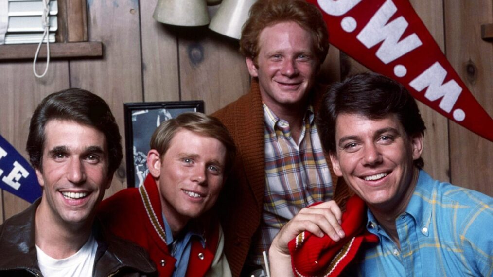 Happy Days from left, Henry Winkler, Ron Howard, Don Most, Anson Williams, 1974-84 (1977 photo)