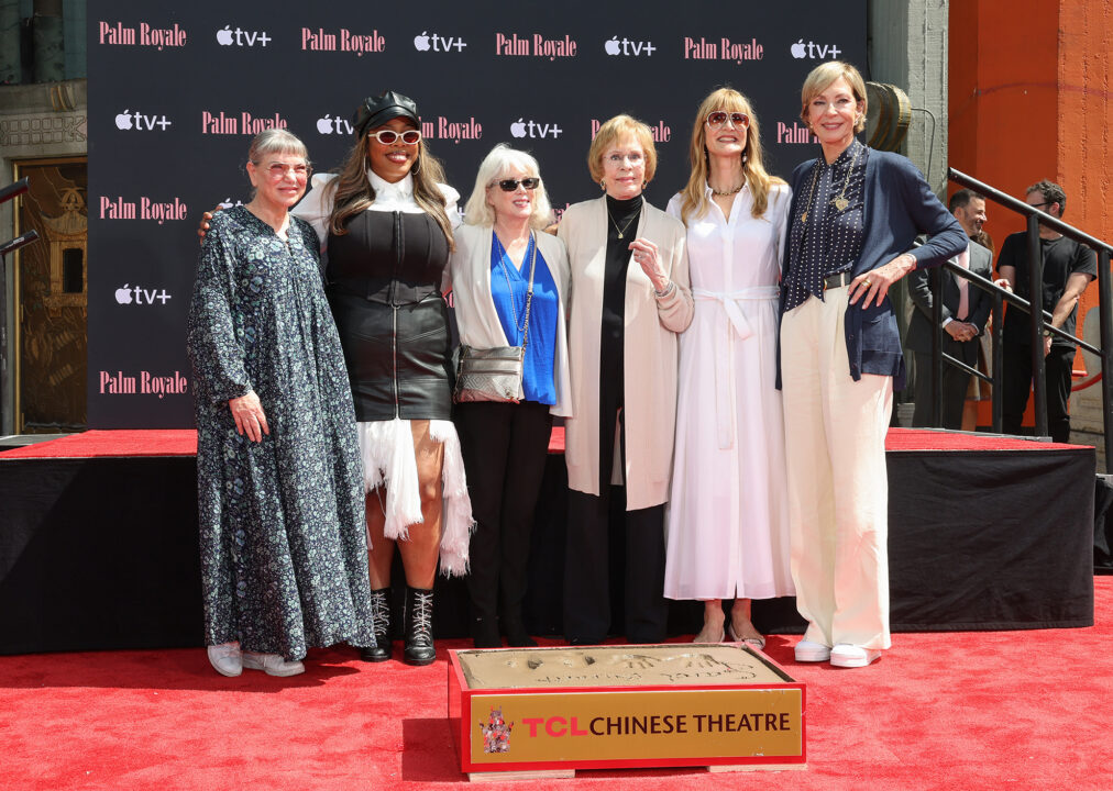 HOLLYWOOD, CALIFORNIA - JUNE 20: (L-R) Mindy Cohn, Amber Chardae Robinson, Julia Duffy, Carol Burnett, Laura Dern and Allison Janney attend Carol Burnett's Hand and Footprint in the Cement Ceremony at TCL Chinese Theatre on June 20, 2024 in Hollywood, California.