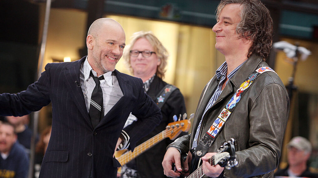 Michael Stipe, Mike Mills, and Peter Buck of R.E.M. perform during the NBC 'Today' show concert series at Rockefeller Center on April 1, 2008 in New York City