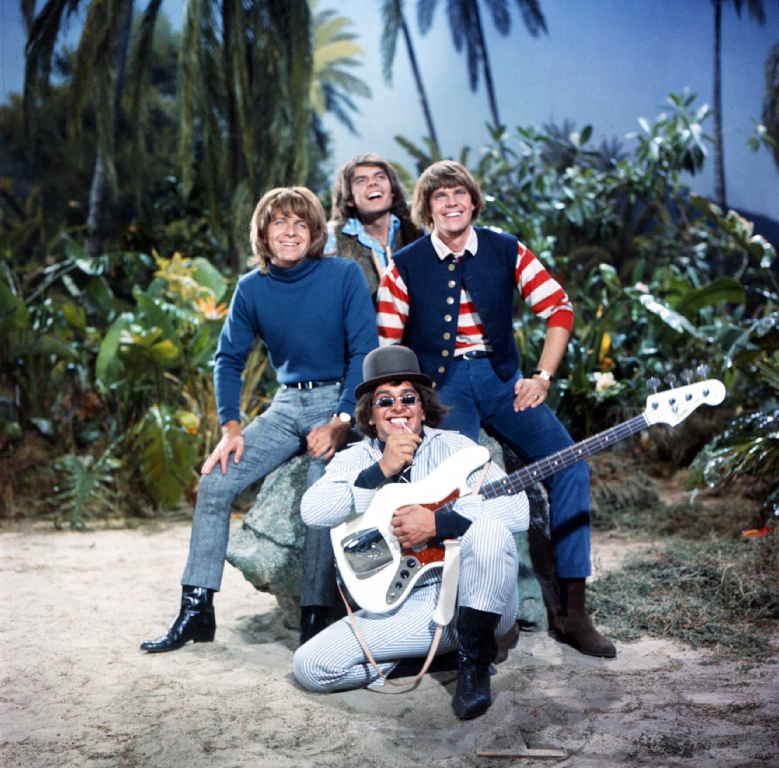 GILLIGAN'S ISLAND, The Wellingtons, as The Mosquitos, from left: George Patterson, Les Brown Jr. (top), Kirby Johnson (front), Ed Wade, 'Don't Bug the Mosquitoes', season 2, ep. 12, aired 12/9/1965, 1964-1967. / TV Guide / Courtesy Everett Collection