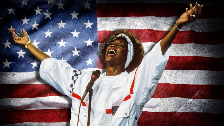 Closeup of grunge American flag with Whitney Houston