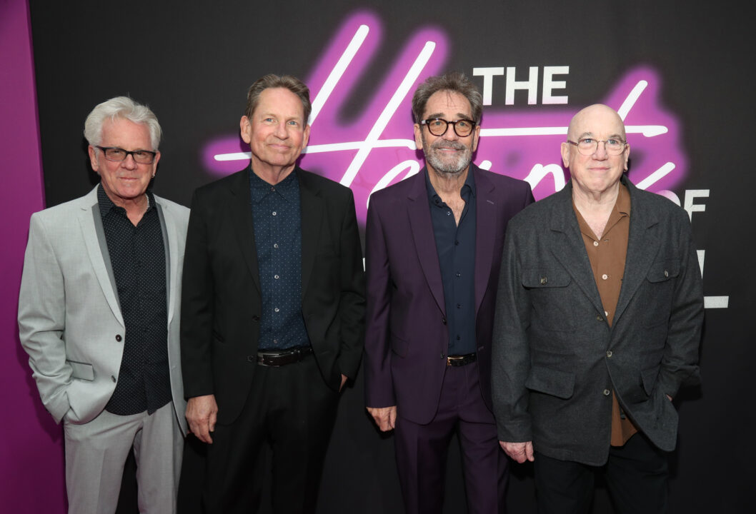 NEW YORK, NEW YORK - APRIL 19: (L-R) Johnny Colla, Bill Gibson, Huey Lewis and Sean Hopper of Huey Lewis and the News attend "The Heart of Rock and Roll" celebration at James Earl Jones Theatre on April 19, 2024 in New York City. 