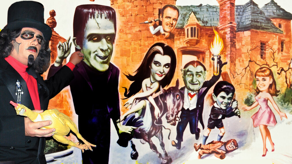 MUNSTER, GO HOME, l-r: Fred Gwynne, Hermione Gingold, Terry Thomas, Yvonne DeCarlo, Al Lewis, Butch Patrick, Debbie Watson on window card, 1966. Plus Svengoolie