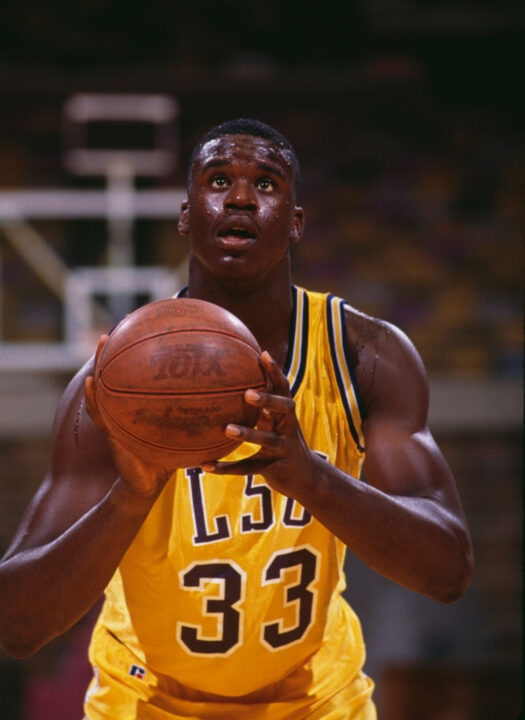 Shaquille O'Neal #33, Center for the Louisiana State University Fighting Tigers prepares to make a free throw during the NCAA Southeastern Conference college basketball game against the Loyola Marymount University Lions on 3rd February 1990 at the Pete Maravich Assembly Center arena in Baton Rouge, Louisiana, United States. The LSU Fighting Tigers won the game 103 - 94.