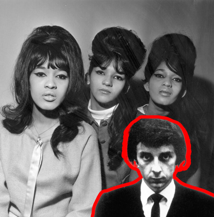 The Ronettes (left to right) singers Veronica 'Ronnie' Bennett, Nedra Talley and Estelle Bennett, an American pop trio produced by Phil Spector. With inset of Phil Spector