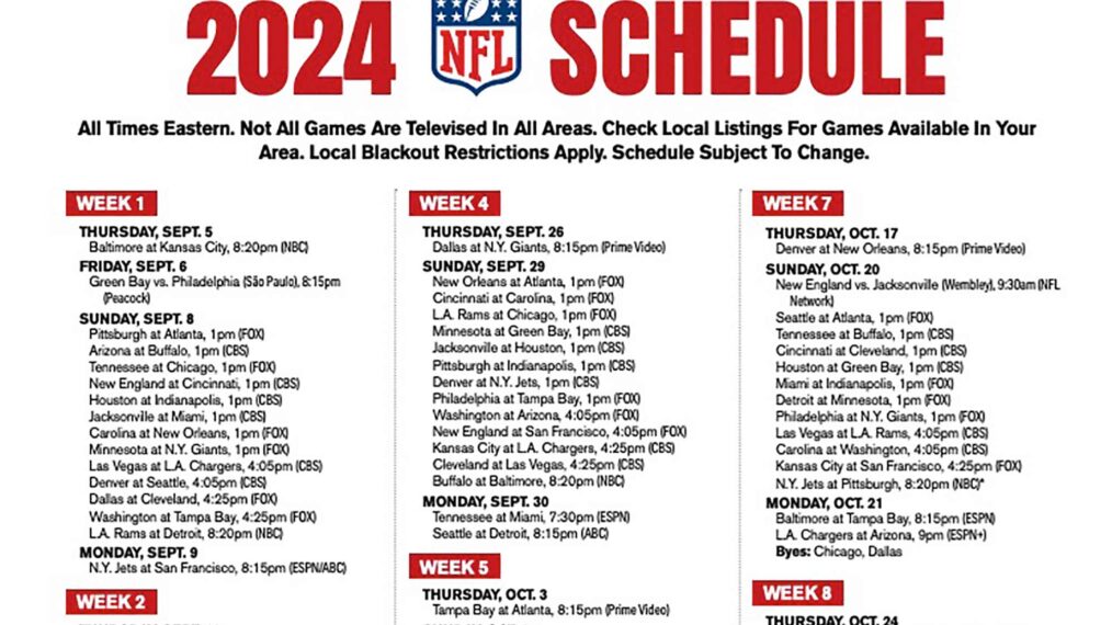 NFL 2024 TV Schedule Free Printable Version