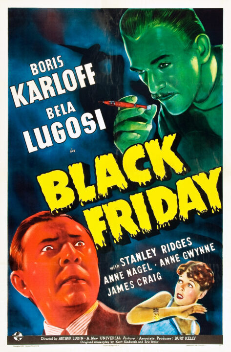 BLACK FRIDAY, Bela Lugosi (bottom left), Boris Karloff (top right), Anne Nagel (bottom right), 1940