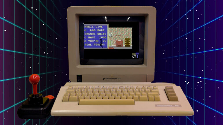 Commodore C64 computer and game screen on 80s background