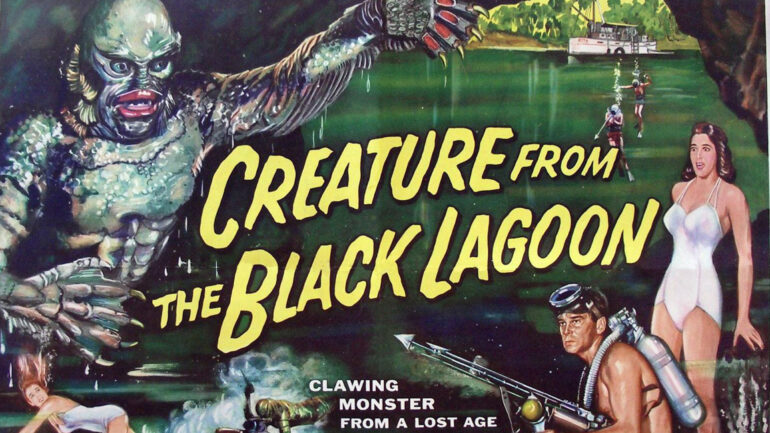 CREATURE FROM THE BLACK LAGOON, top left: Ben Chapman and Ricou Browning (as the Creature); lower left: Julia Adams (aka Julie Adams); on right from lower left: Richard Carlson, Julia Adams on poster art, 1954.