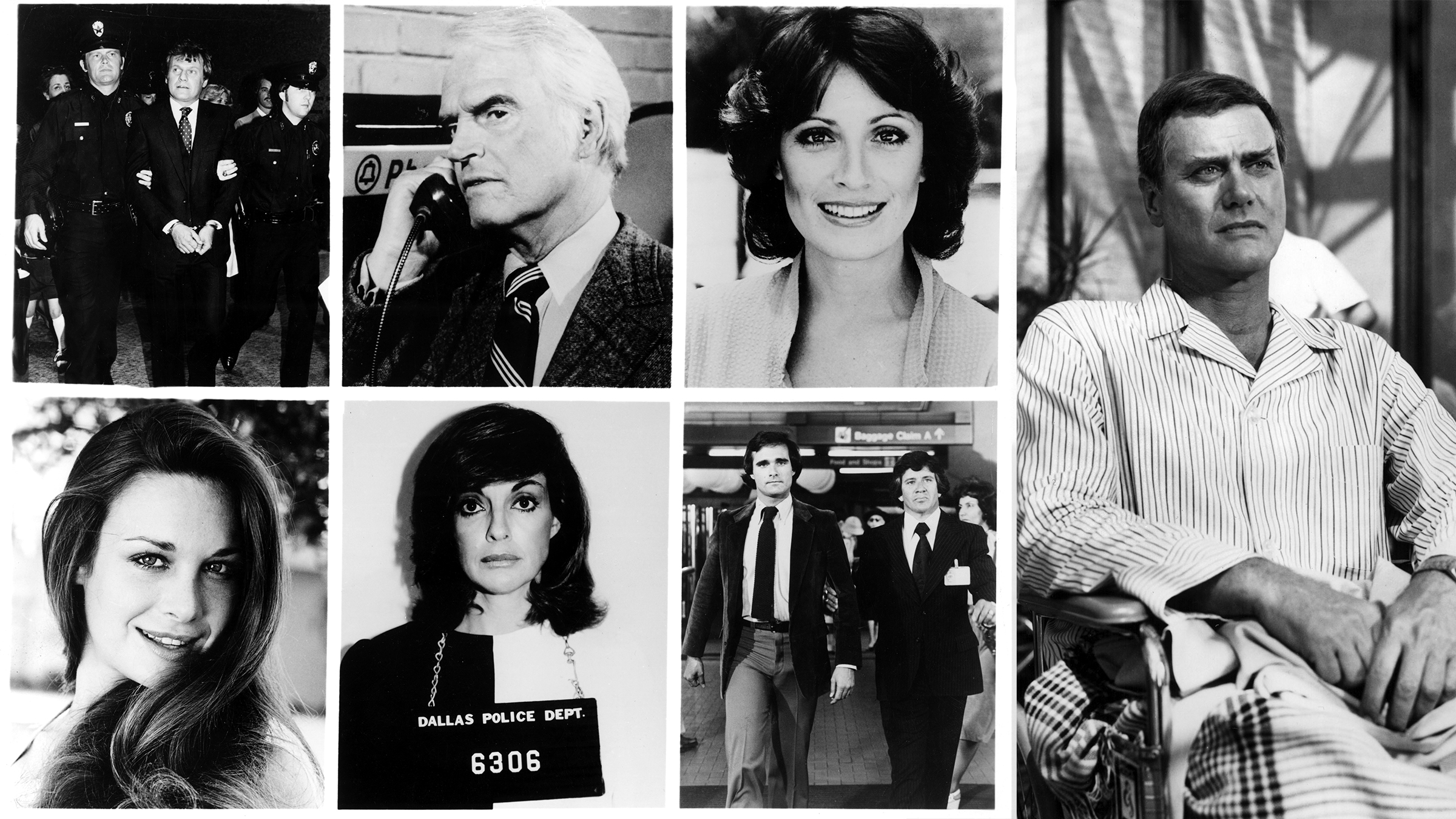 DALLAS, 1978-91, composite photo of all the suspects in the case of 'Who Shot J.R.?' Ken Kercheval, Dennis Patrick, Fern Fitzgerald, Mary Crosby, Linda Gray & Randolph Powell, 10/31/80, season 4