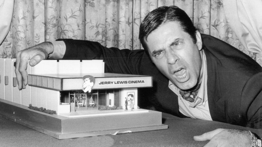 22nd April 1971: American comedian and film star Jerry Lewis with a model of the 'Jerry Lewis Cinema'.