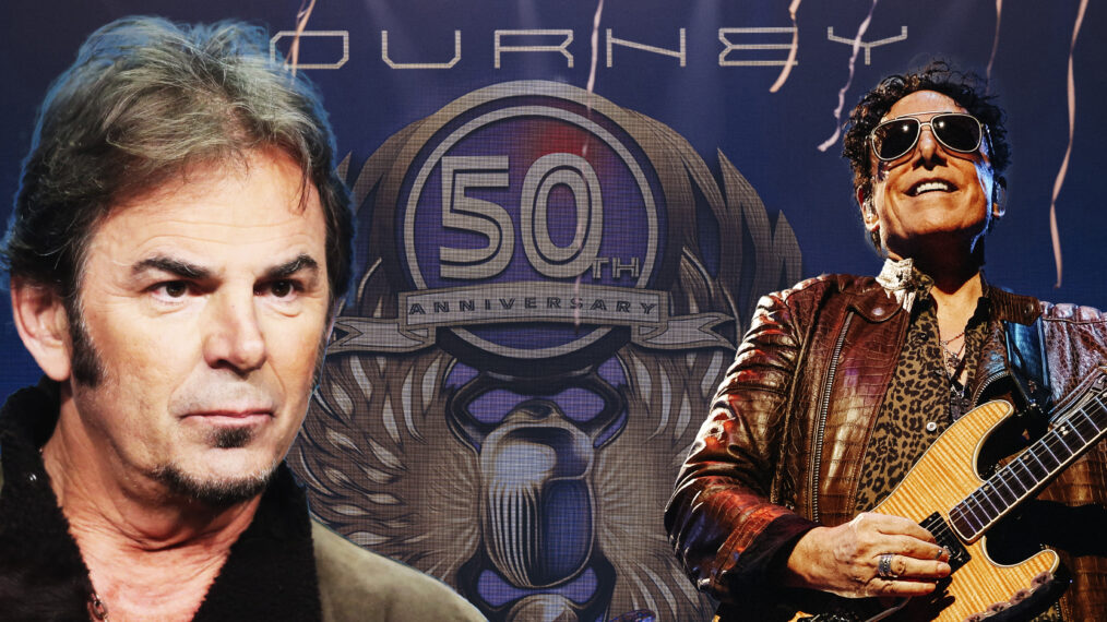 Journey Collage of Jonathan Cain and Neal Schon with 50th Anniversary backdrop