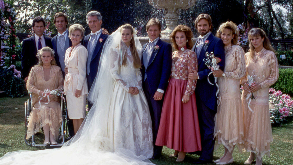 LOS ANGELES, CA - CIRCA 1987: (L-R) American actor and singer, A Martinez (Cruz Castillo), American youth minister and actress, Marcy Walker (Eden Capwell), American actor, Todd McKee (Ted Capwell), American actress, Judith McConnell (Sophia Wayne Capwell), American actor and television host, Jed Allan (1935-2019) (C.C. Capwell), American actress and director Robin Wright (Kelly Capwell Perkins), South African actor, Ross Kettle (Jeffrey Conrad), American actress, Marj Dusay (1936-2020) (Pamela Pepperidge Capwell Conrad), American actor Lane Davies (Mason Capwell), American actress, Kristen Meadows (Victoria Lane) and American actress Nancy Lee Grahn (Julia Wainwright Capwell), of the American television soap opera 