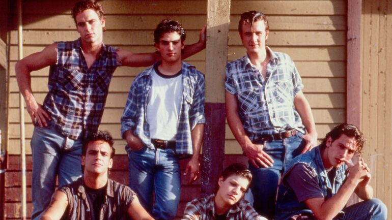 THE OUTSIDERS, front from left: Robert Rusler, Jay R. Ferguson, Harold Pruett; back from left: Boyd Kestner, Rodney Harvey, David Arquette, 1990.