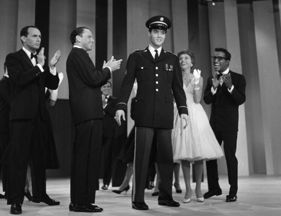 UNITED STATES - MAY 12: THE FRANK SINATRA SHOW - Welcome Home Elvis - Season Two - 5/12/60, Joey Bishop (left), Nancy Sinatra (in her first TV appearance with her father, second from right) and Sammy Davis Jr. (right) joined host Frank Sinatra (third from left) to welcome special guest star Elvis Presley home from the army. A highlight from the show featured a medley by Sinatra and Presley of each other's songs.,