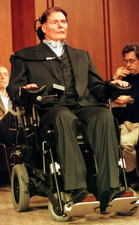 Actor Christopher Reeve prior to a hearing on stem cell research on Capitol Hill April 26, 2000 in Washington, DC. Reeve who was paralyzed in a 1995 horse riding accident spoke in favor of research which utilizes stem cells harvested from embryos to aid victims of paralysis and other injuries or defects