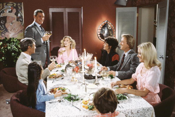 American actor Larry Hagman makes a toast in the episode titled 'Family Matters' of the TV soap opera series 'Knots Landing,' December 1980