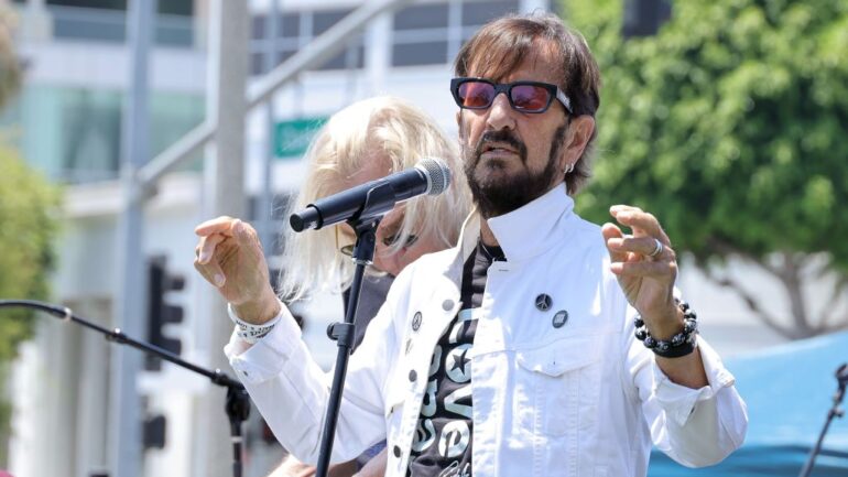 Ringo Starr performs onstage during Ringo's Peace & Love Birthday Celebration at Beverly Hills Garden Park on July 07, 2024 in Beverly Hills, California