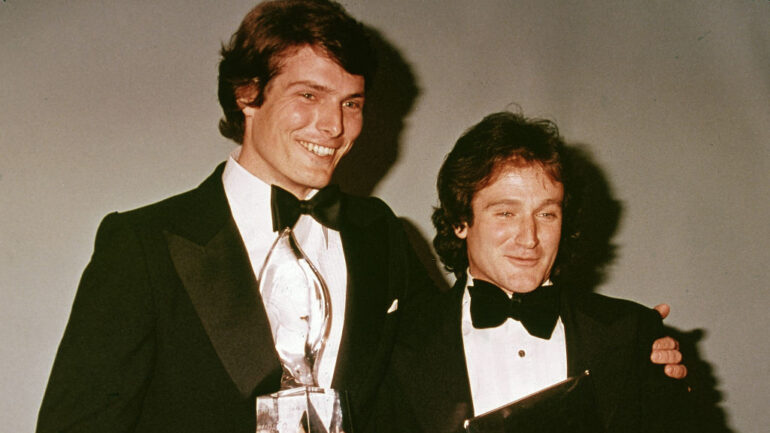 American actors Christopher Reeve (1952 - 2004) and Robin Williams pose backstage at the People's Choice Awards, March 1979