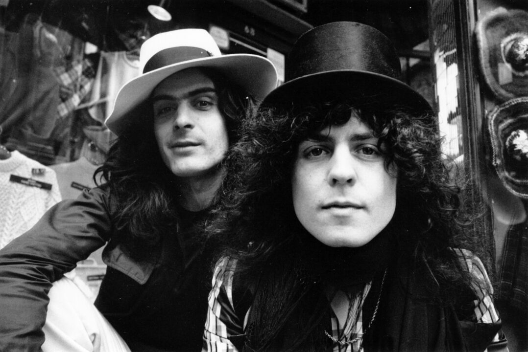 Percussionist Mickey Finn (1947 - 2003, left) with singer, songwriter and guitarist Marc Bolan (1947 - 1977) of glam rock pop group T Rex, formerly Tyrannosaurus Rex. 