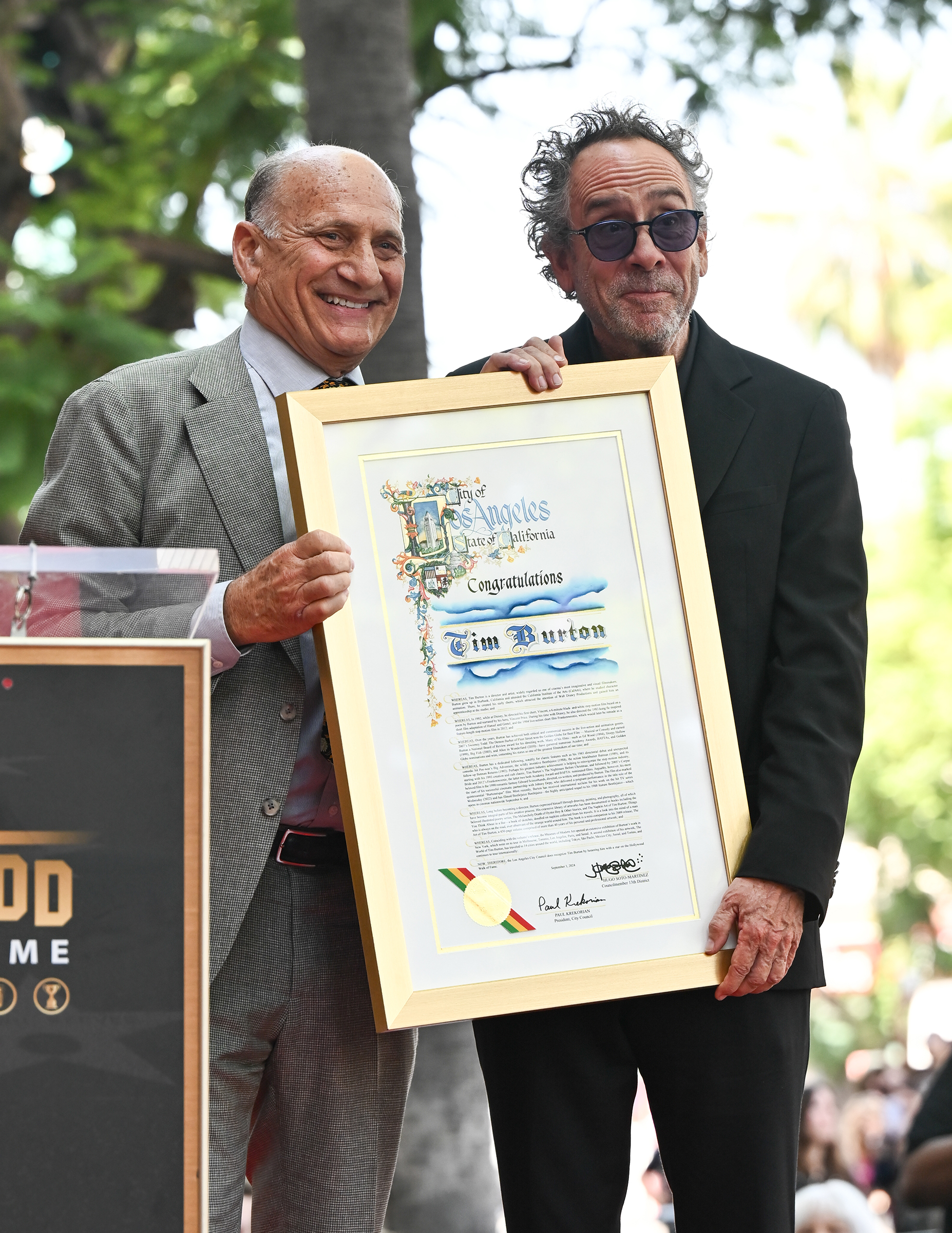 Steve Nissen and Tim Burton at the ceremony honoring Tim Burton with a star on the Hollywood Walk of Fame on September 3, 2024 in Los Angeles, California.