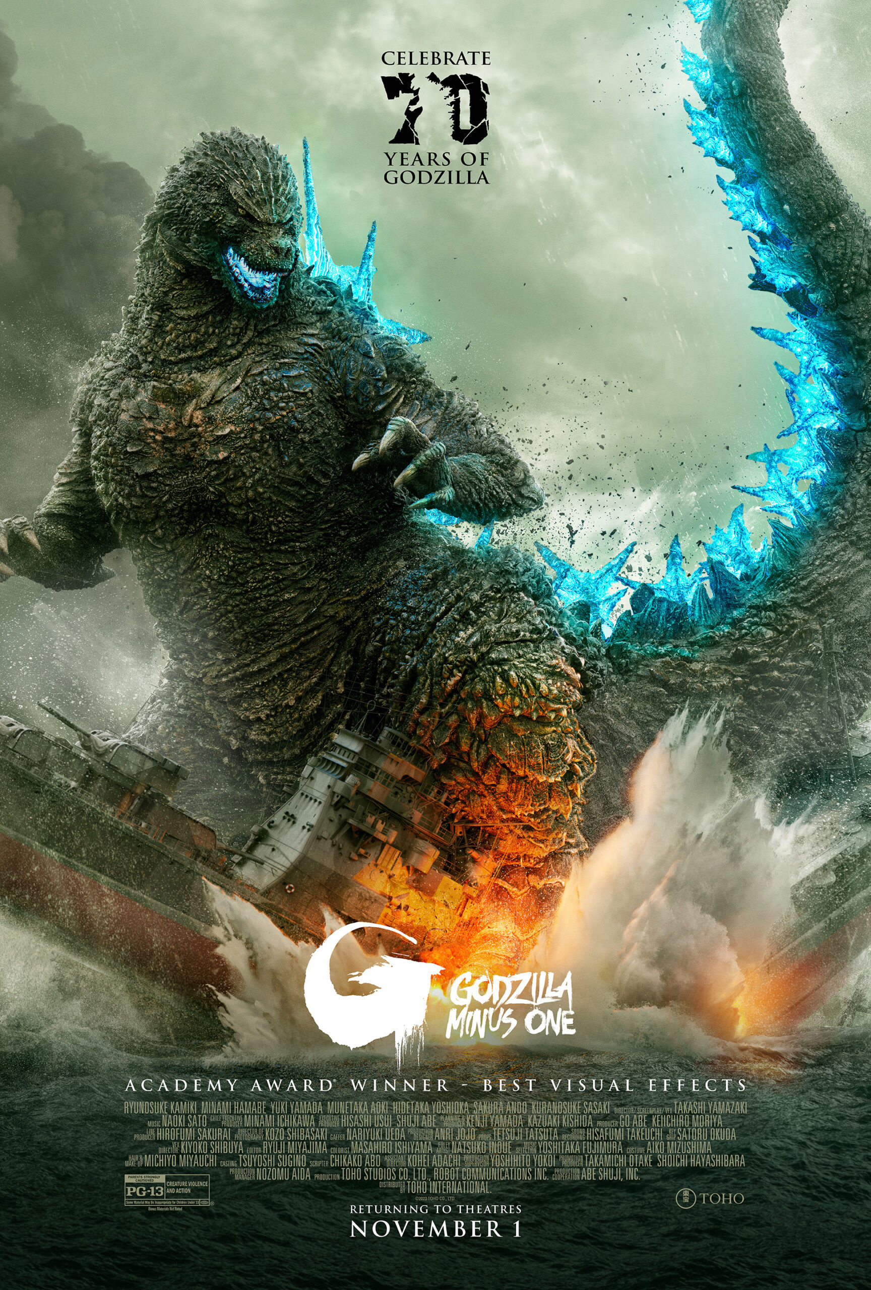 poster for the theatrical re-release of "Godzilla Minus One." The image is dominated by Godzilla standing atop a sinking, flaming ship as he is roaring. The scales along his back and tail are lit up with radioactivity. A logo above him says "Celebrate 70 Years of Godzilla." Below the image is the title and credits for the film, and the release date of November 1.