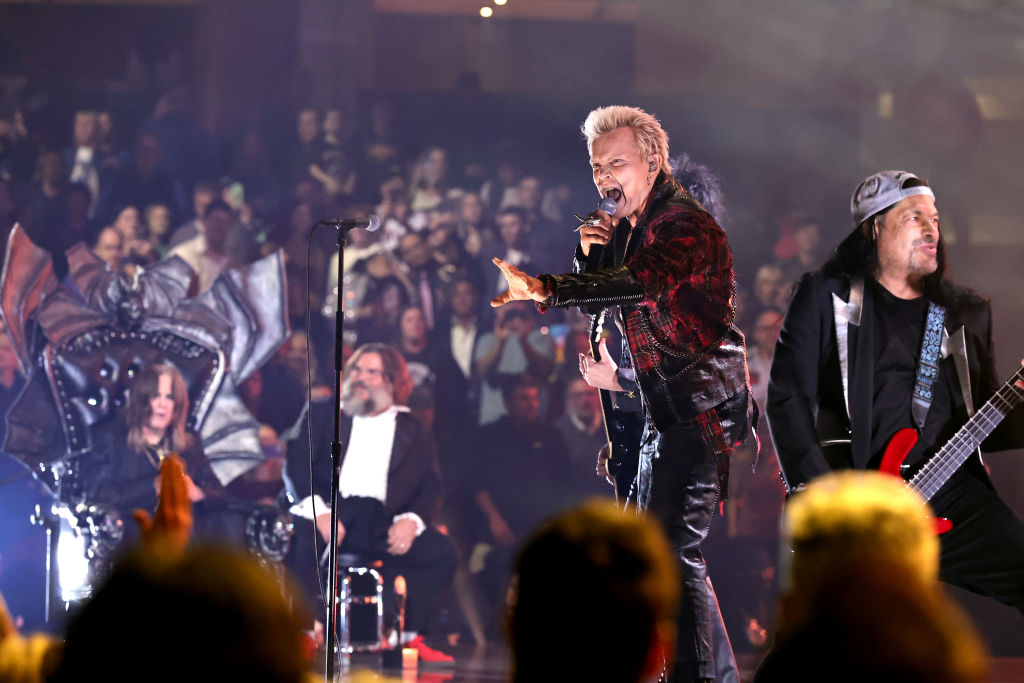 Inductee, Ozzy Osbourne and Jack Black watch Billy Idol and Robert Trujillo perform onstage during the 2024 Rock & Roll Hall Of Fame Induction Ceremony streaming on Disney+ at Rocket Mortgage Fieldhouse on October 19, 2024 in Cleveland, Ohio