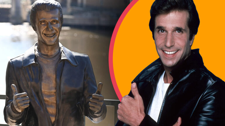 Bronze Fonz statue and Henry Winkler Happy Days collage