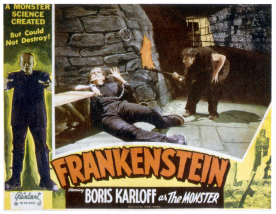 FRANKENSTEIN, from left: Boris Karloff, Dwight Frye on 1951 re-release lobbycard, 1931.