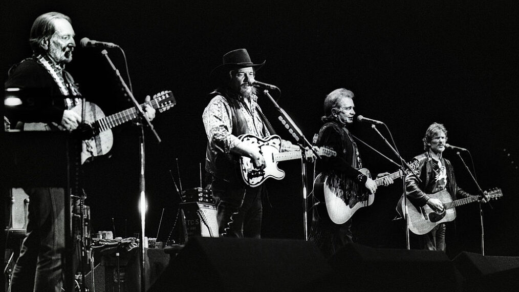 The Highwaymen perform on stage, L-R Willie Nelson, Waylon Jennings, Johnny Cash and Kris Kristofferson, Ahoy, Rotterdam, 20th April 1992