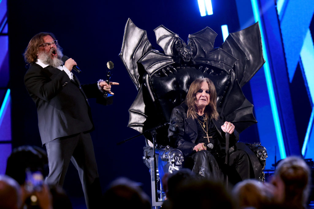 Jack Black and Ozzy Osbourne onstage during the 2024 Rock & Roll Hall Of Fame Induction Ceremony streaming on Disney+ at Rocket Mortgage Fieldhouse on October 19, 2024 in Cleveland, Ohio