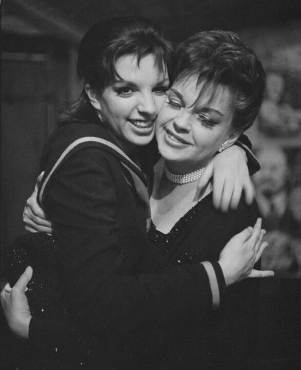 American actress and singer Liza Minnelli with her mother, American actress and singer Judy Garland (1922 - 1969), backstage after her debut in 