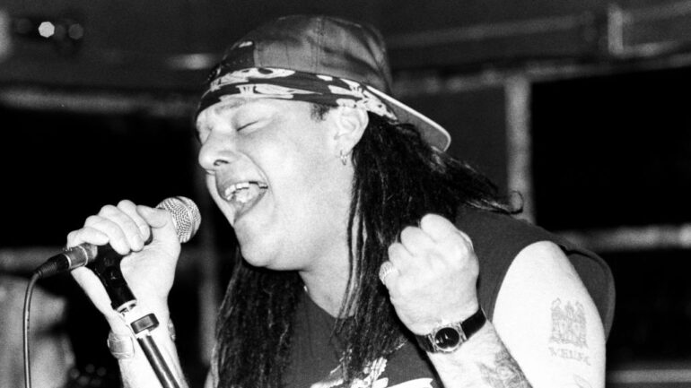 View of British Heavy Metal singer Paul Di'Anno (born Paul Andrews), of the group Paul Di'Anno's Killers, during a rehearsal, New York, New York, December 1, 1990