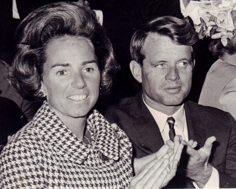 Ethel Kennedy and husband Sen. Robert F. Kennedy applaud one of the speakers at the New York State Democratic Committee Forum at Brooklyn College on May 31, 1966