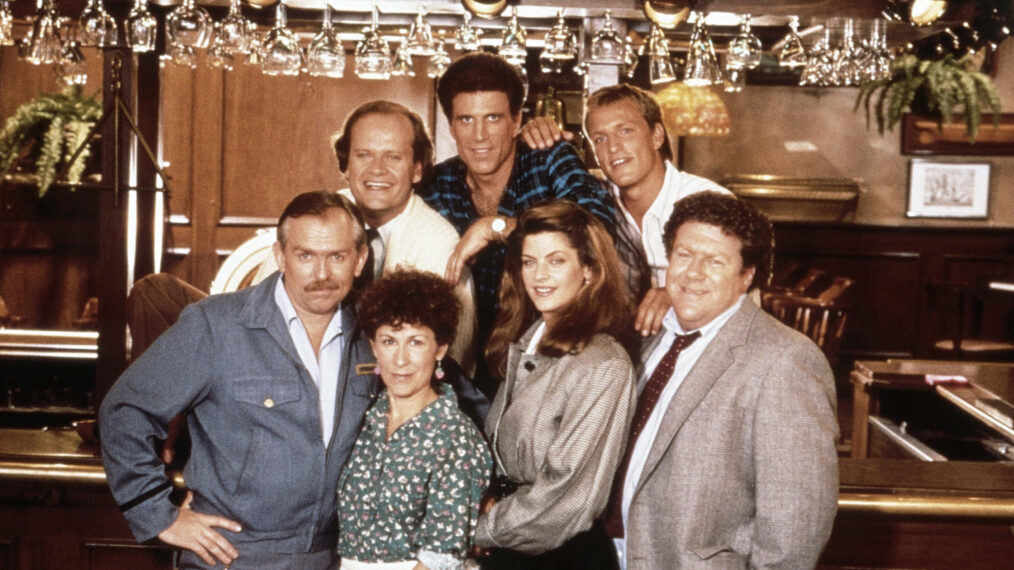 CHEERS, clockwise from top, Ted Danson, Woody Harrelson, George Wendt, Kirstie Alley, Rhea Perlman, John Ratzenberger, Kelsey Grammer, 1982–93 (ca. late 1980s photo).