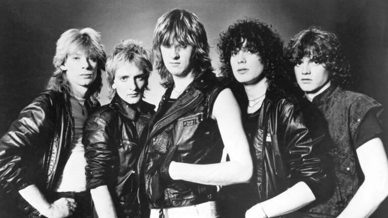 Promotional portrait of the British rock band Def Leppard, circa 1985. L-R: Steve Clark, Rick Savage, Joe Elliott, Pete Willis, Rick Allen. (Photo by Mercury Records/Hulton Archive/Courtesy of Getty Images)