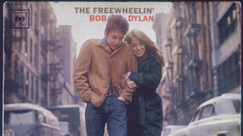 The cover for the Bob Dylan album 'The Freewheelin' Bob Dylan', released by Columbia Records in 1963. The cover features Dylan and his girlfriend Suze Rotolo walking near their apartment in Greenwich Village, New York City.