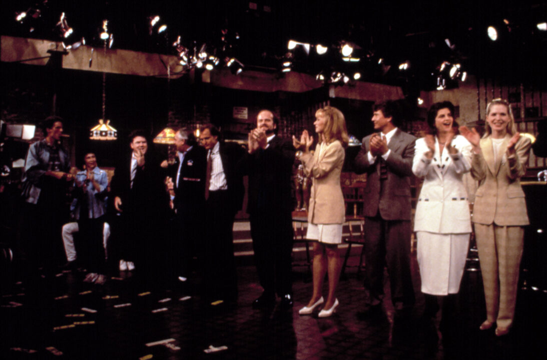 CHEERS, Ted Danson, Rhea Perlman, George Wendt, John Ratzenberger, Woody Harrelson, Kelsey Grammer, Shelley Long, Tom Berenger, Kirstie Alley, on set after taping final episode, 1982-93, Season 11. 'One For the Road' aired 5/20/93, 