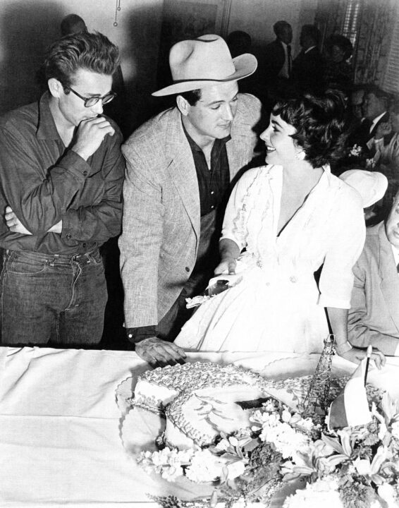 GIANT, from left, James Dean, Rock Hudson, Elizabeth Taylor, at the wrap party, September 1, 1955