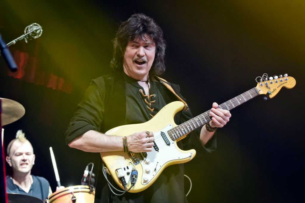 David Keith and Ritchie Blackmore of the British band Ritchie Blackmore's Rainbow perform live on stage during a concert at the Velodrom on April 18, 2018 in Berlin, Germany