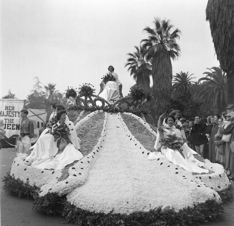 The Rose Parade queen and her court ride in the 1950 Rose Parade in Pasadena, California