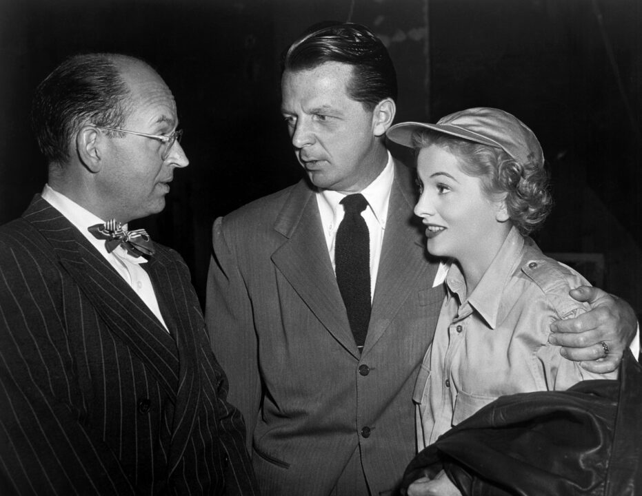 YOU GOTTA STAY HAPPY, writer Robert Carson, executive producer William Dozier and wife Joan Fontaine, on-set, 1948